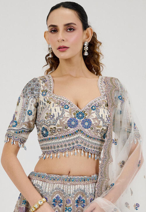Hand Embroidered Organza Lehenga in Off White