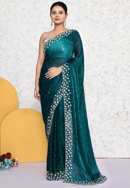 Hand Embroidered Organza Saree in Teal Blue