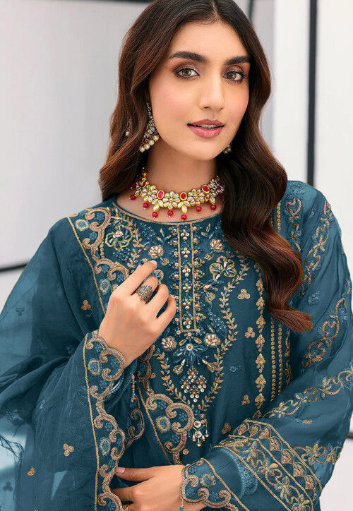 Hand Embroidered Organza Scalloped Pakistani Suit in Teal Blue