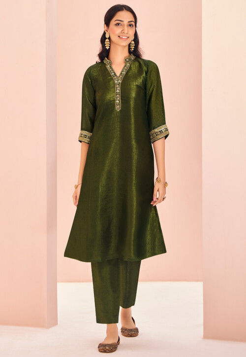 Hand Embroidered Organza Straight Kurta Set in Olive Green