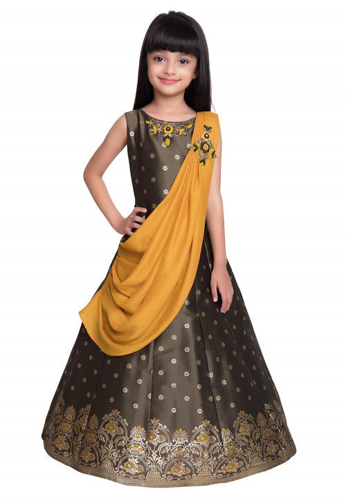 Hand Embroidered Polyester Gown in Dark Grey and Mustard