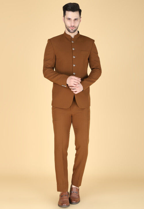 Hand Embroidered Polyester Jodhpuri Suit in Brown