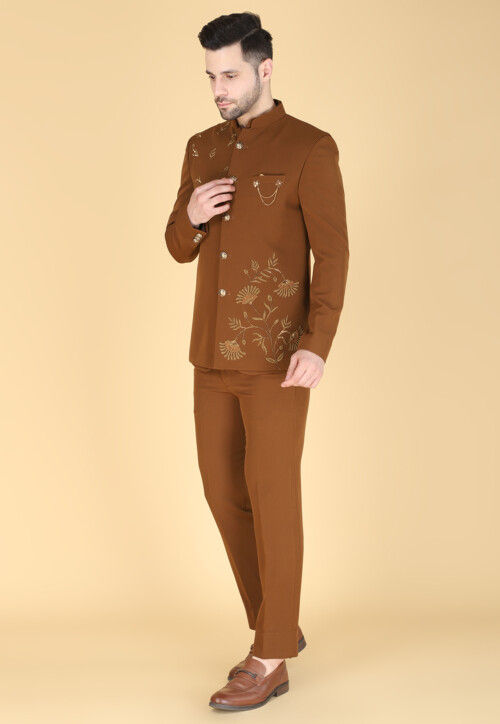 Hand Embroidered Polyester Jodhpuri Suit in Brown
