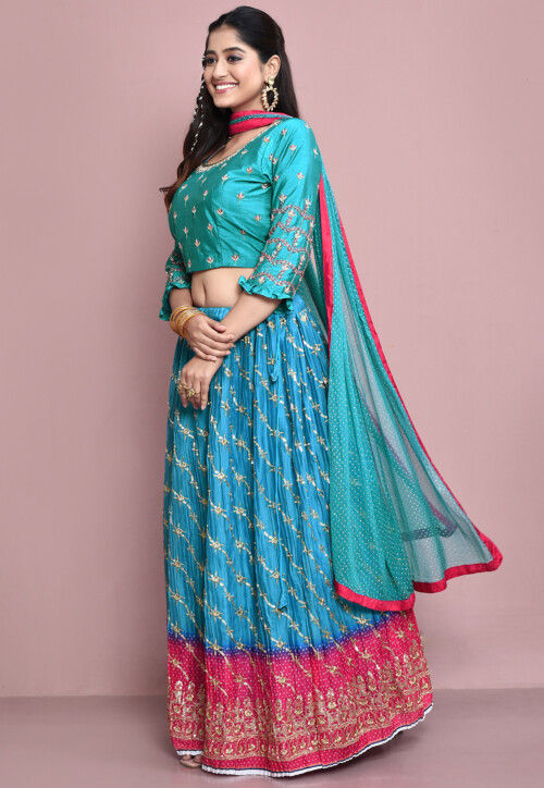 Hand Embroidered Polyester Lehenga in Blue