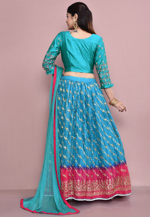 Hand Embroidered Polyester Lehenga in Blue