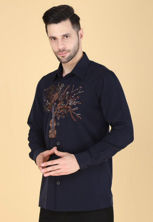 Buy Hand Embroidered Polyester Shirt in Navy Blue Online : MXD246 ...