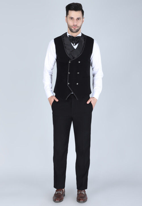 Hand Embroidered Polyester Tuxedo in Black