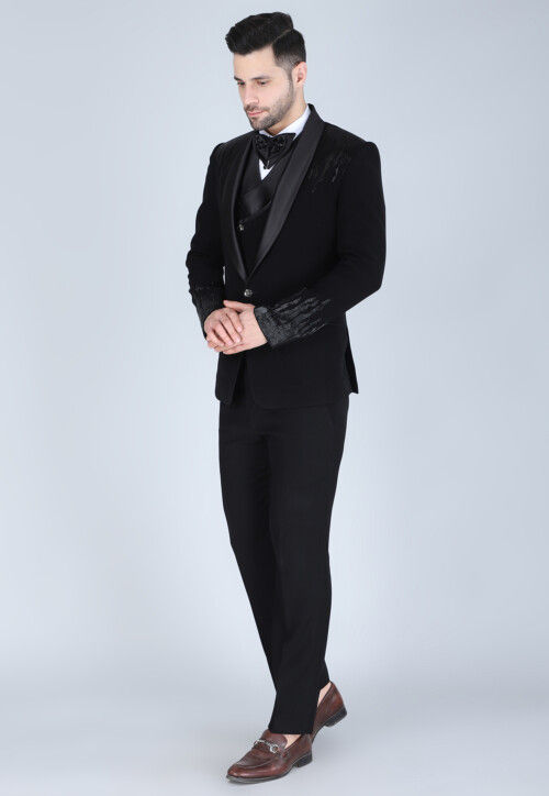 Hand Embroidered Polyester Tuxedo in Black