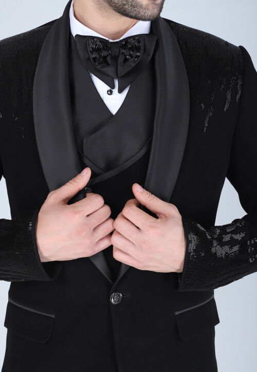 Hand Embroidered Polyester Tuxedo in Black