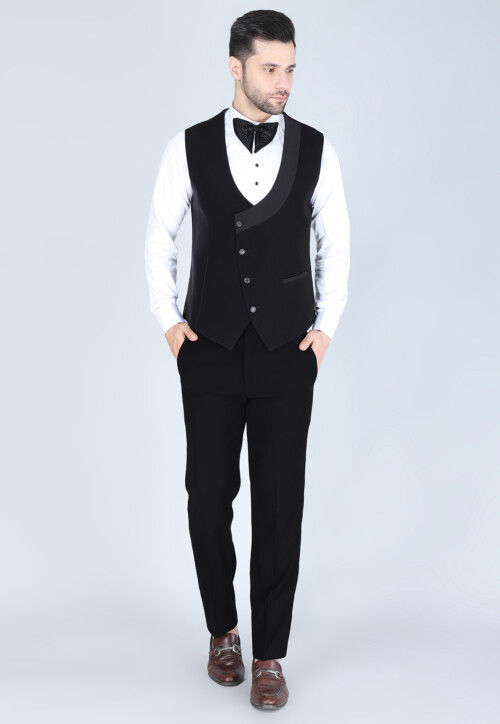 Hand Embroidered Polyester Tuxedo in Black