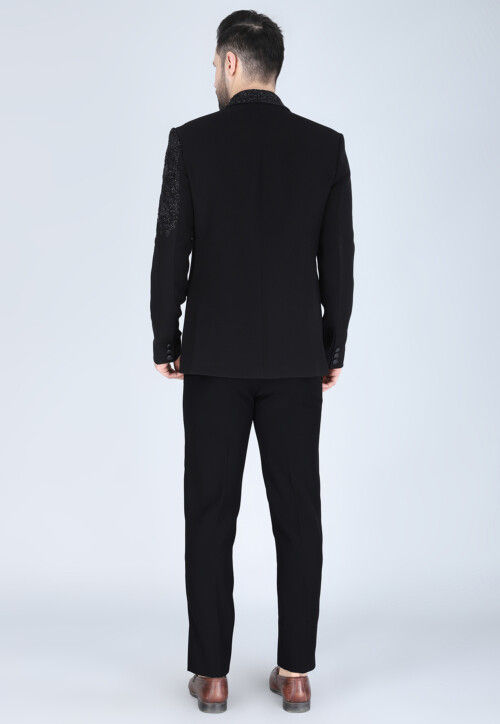 Hand Embroidered Polyester Tuxedo in Black