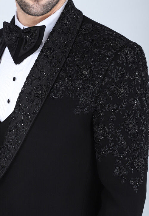 Hand Embroidered Polyester Tuxedo in Black