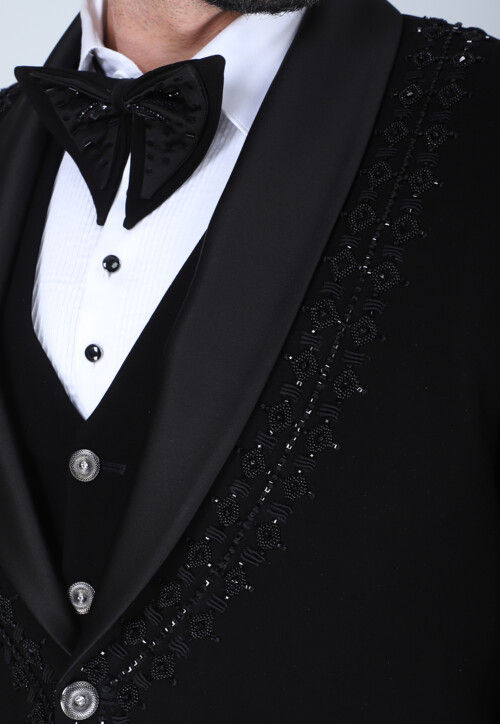 Hand Embroidered Polyester Tuxedo in Black