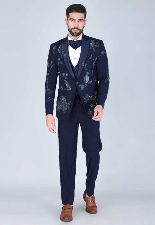 Hand Embroidered Polyester Tuxedo in Navy Blue