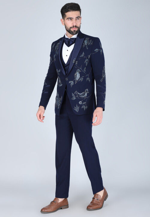 Hand Embroidered Polyester Tuxedo in Navy Blue
