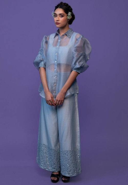 Hand Embroidered Pure Chanderi Silk Crop Top Set in Pastel Blue