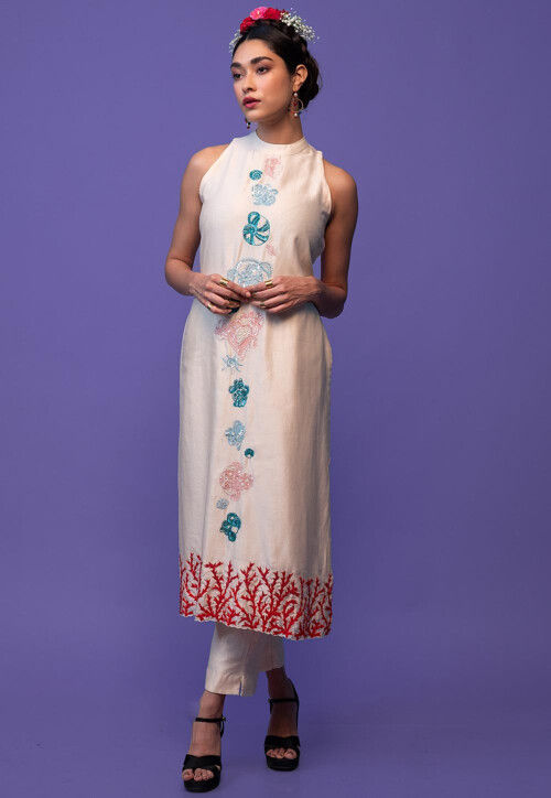 Hand Embroidered Pure Chanderi Silk Pakistani Suit in Off White