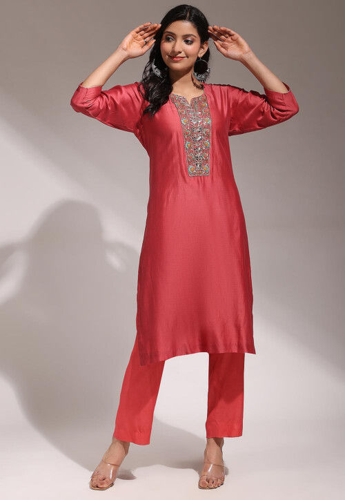 Hand Embroidered Pure Chanderi Silk Straight Kurta Set in Coral Red