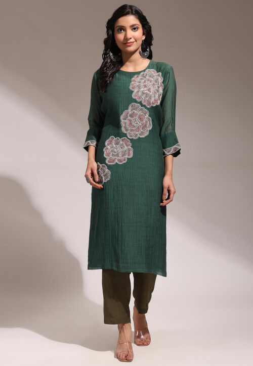 Hand Embroidered Pure Chanderi Silk Straight Kurta Set in Dark Green