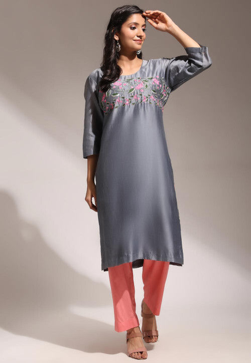 Hand Embroidered Pure Chanderi Silk Straight Kurta Set in Grey