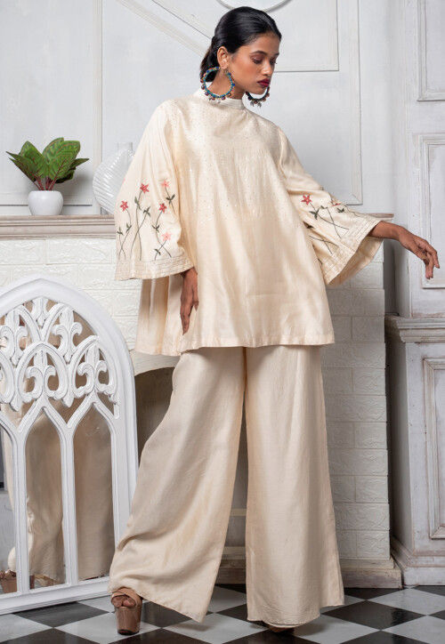 Hand Embroidered Pure Chanderi Silk Tunic Set in Beige