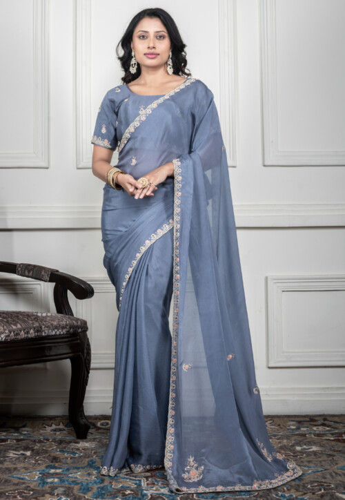 Hand Embroidered Pure Chiffon Saree in Grey