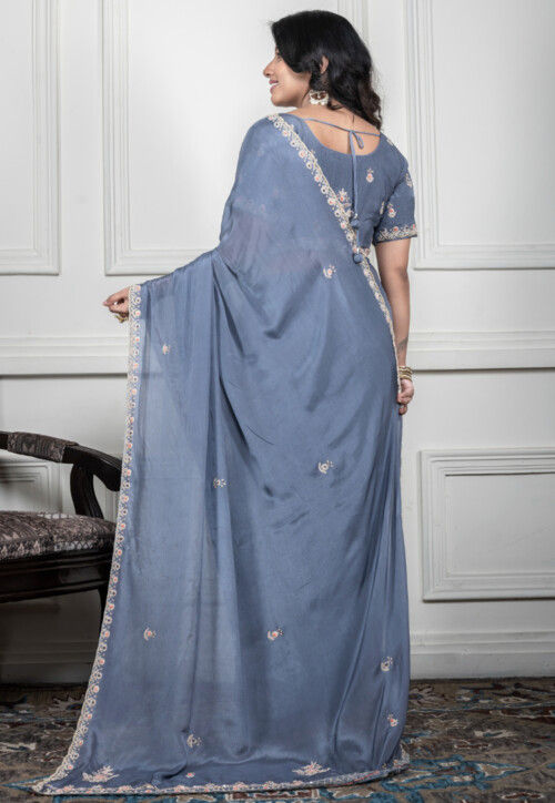 Hand Embroidered Pure Chiffon Saree in Grey