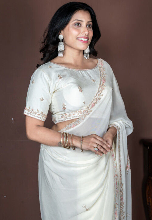 Hand Embroidered Pure Chiffon Saree in Off White