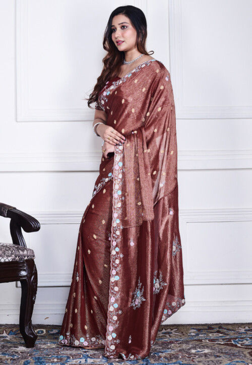 Hand Embroidered Pure Chiffon Shimmer Saree in Dark Brown