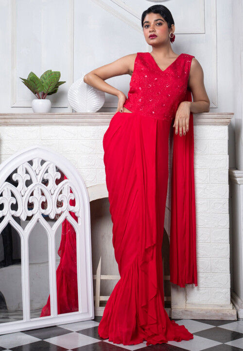Hand Embroidered Pure Chinon Chiffon Drape Gown in Red