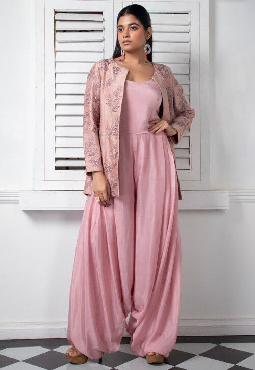 Hand Embroidered Pure Chinon Chiffon Jumpsuit in Light Pink