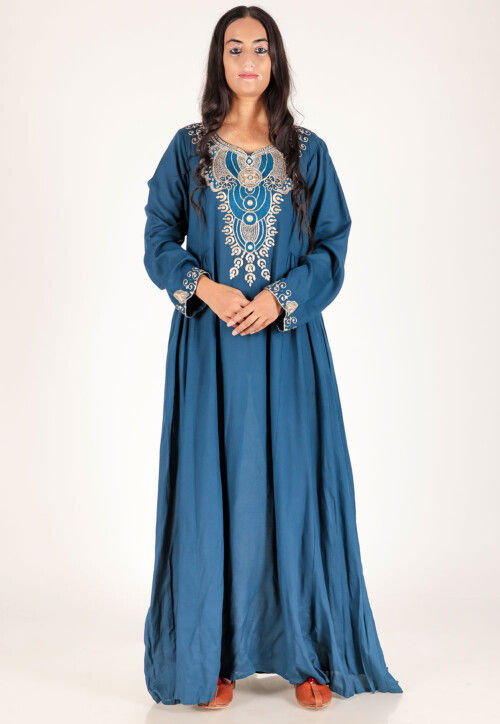 Buy Hand Embroidered Pure Cotton Maxi Dress in Teal Blue Online : TRT65 - Utsav Fashion Buy Hand Embroidered Pure Cotton Maxi Dress in Teal Blue Online : TRT65 - Utsav Fashion