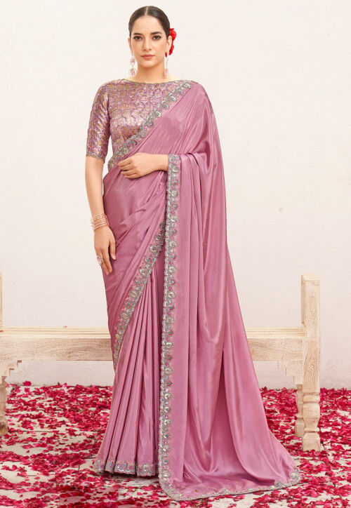 Hand Embroidered Pure Crepe Scalloped Saree in Pink