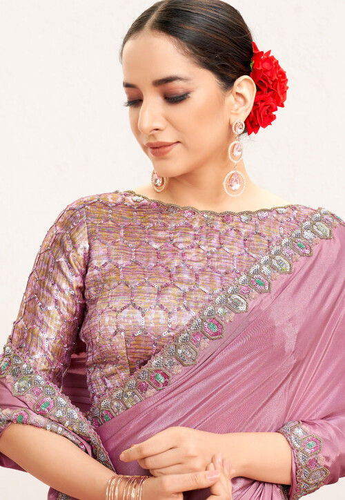 Hand Embroidered Pure Crepe Scalloped Saree in Pink