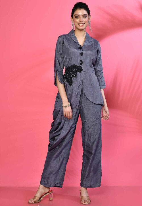 Hand Embroidered Pure Crepe Silk Asymmetric Tunic Set in Grey