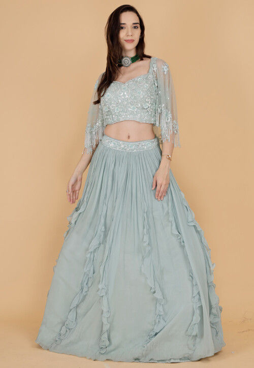 Hand Embroidered Pure Georgette Crop Top Set in Dusty Green