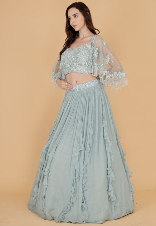 Hand Embroidered Pure Georgette Crop Top Set in Dusty Green