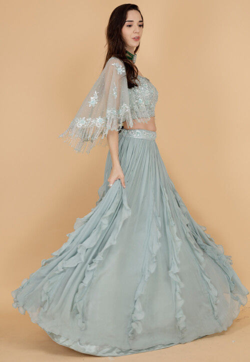 Hand Embroidered Pure Georgette Crop Top Set in Dusty Green