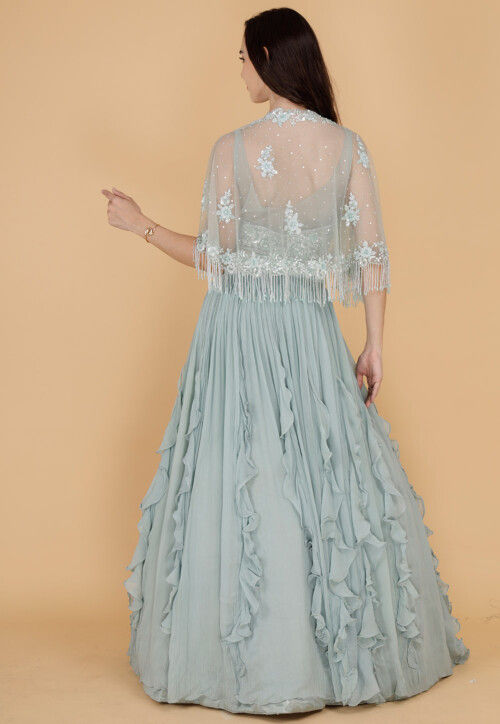 Hand Embroidered Pure Georgette Crop Top Set in Dusty Green