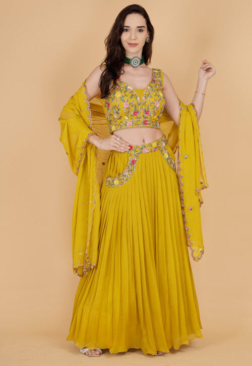 Hand Embroidered Pure Georgette Lehenga in Dark Yellow
