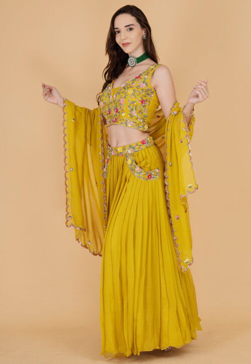 Hand Embroidered Pure Georgette Lehenga in Dark Yellow