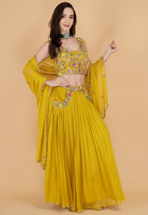 Hand Embroidered Pure Georgette Lehenga in Dark Yellow