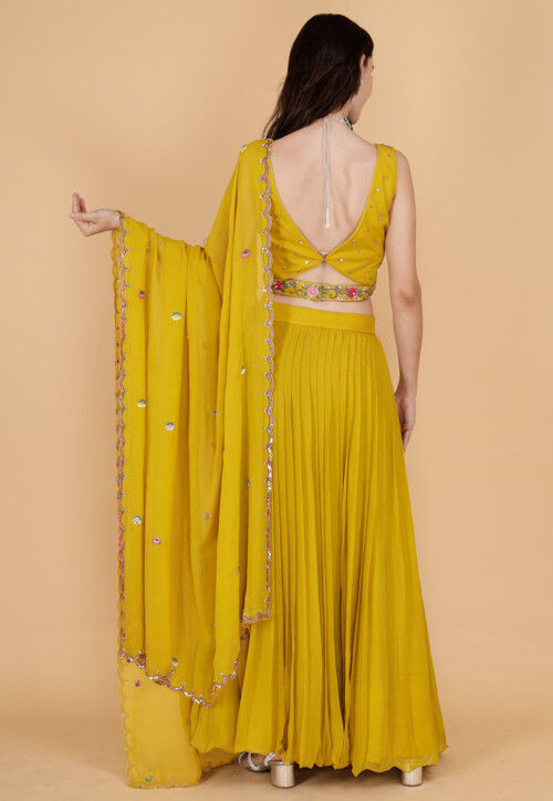 Hand Embroidered Pure Georgette Lehenga in Dark Yellow