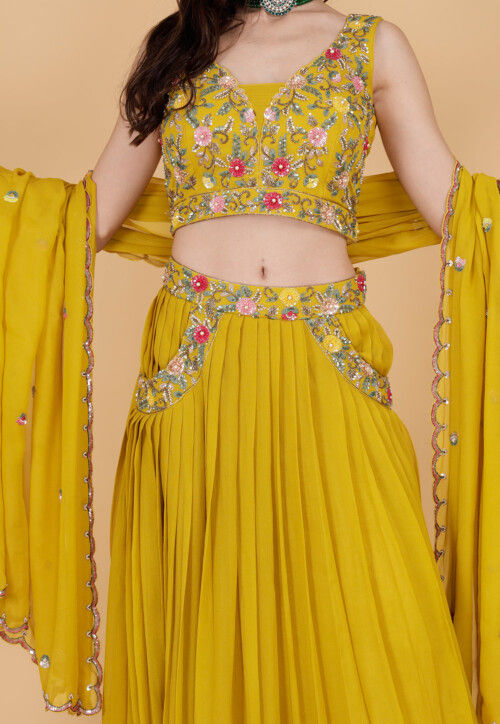 Hand Embroidered Pure Georgette Lehenga in Dark Yellow