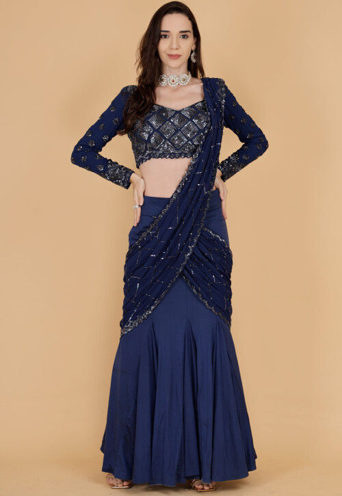 Hand Embroidered Pure Georgette Lehenga in Navy Blue