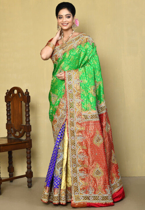 Hand Embroidered Pure Kanchipuram Saree in Green and Multicolor