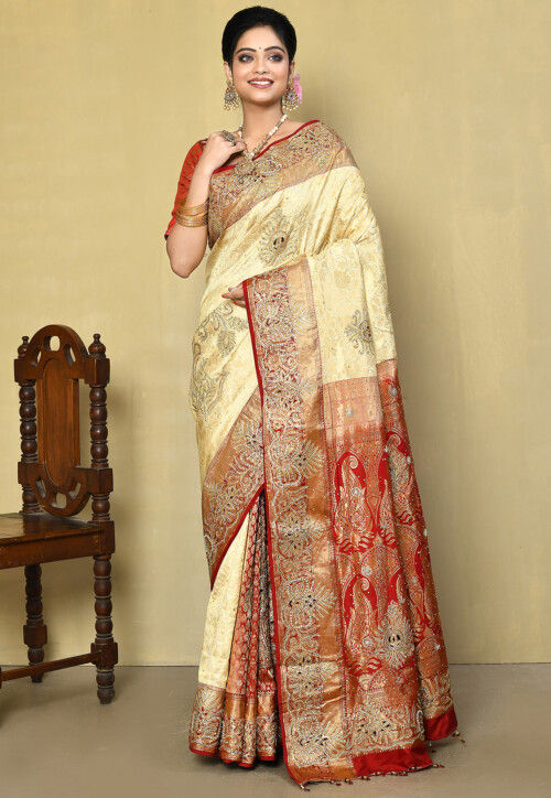 Hand Embroidered Pure Kanchipuram Silk Saree in Light Beige