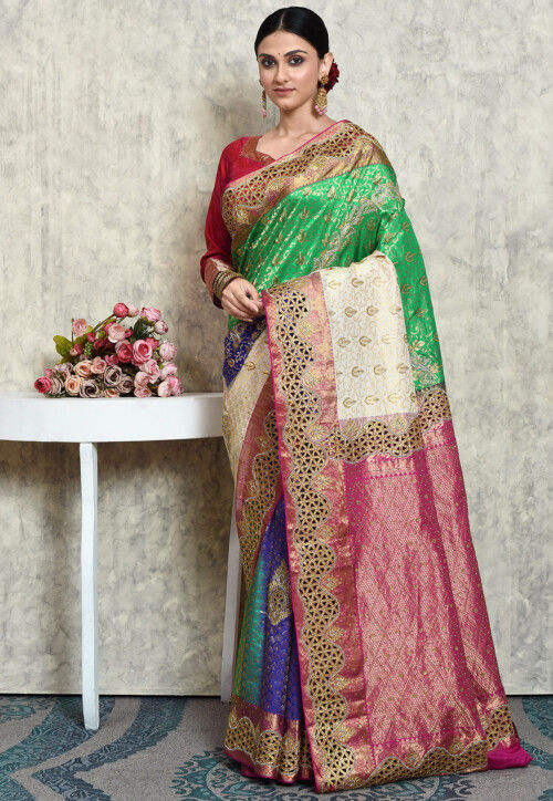 Shop Pink Kanjivaram Sari Online in USA with Green Blue Check Border – Pure  Elegance