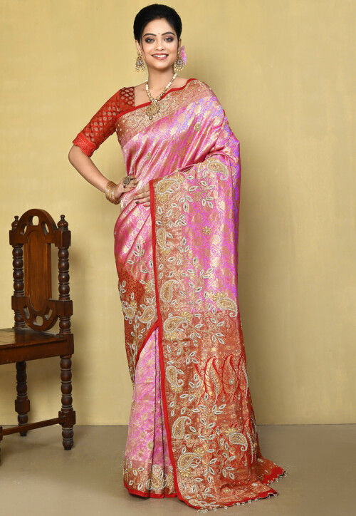 Hand Embroidered Pure Kanchipuram Silk Saree in Pink