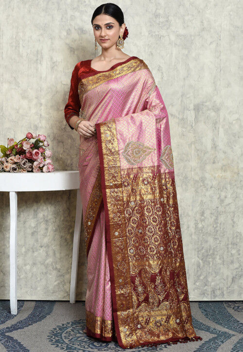 Hand Embroidered Pure Kanchipuram Silk Saree in Pink